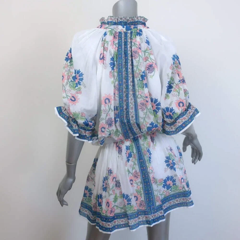 Juliet Dunn Blouson Tie-Waist Mini Dress White Rose Border Print Cotton Size 2 - Picture 4 of 7